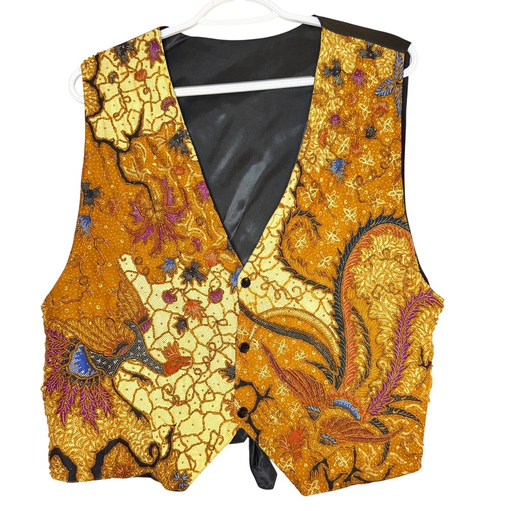 Beaded Bird Floral Vest Womens S M Gold Boho Art to Wear Embellished Batik